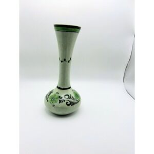 Vintage CAT Mexico Hand Painted Pottery Bud Vase Green Floral Folk Art 8.5"